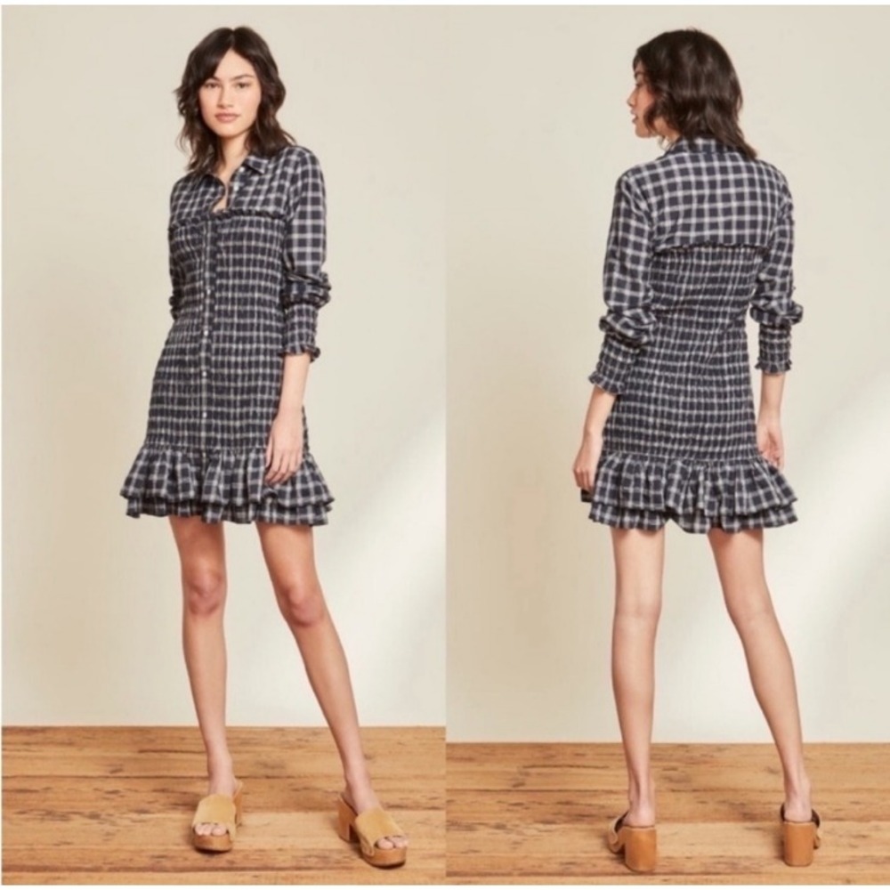 NWT VERONICA BEARD Kelsey Dress Navy White Check Smocking + Gathers SZ 2